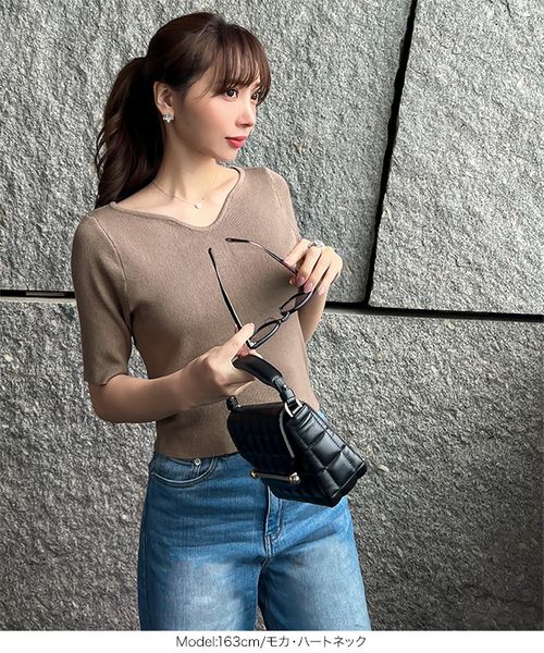 岡部あゆみさんコラボ ] 選べるネック5分袖ショート丈細リブニット