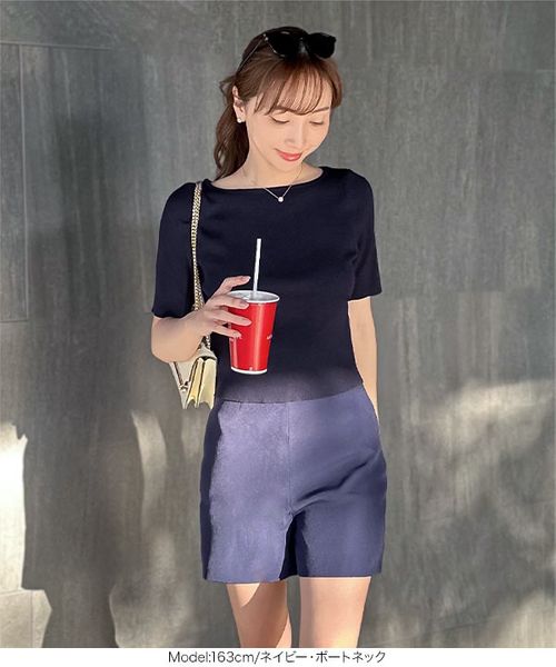 岡部あゆみさんコラボ ] 選べるネック5分袖ショート丈細リブニット