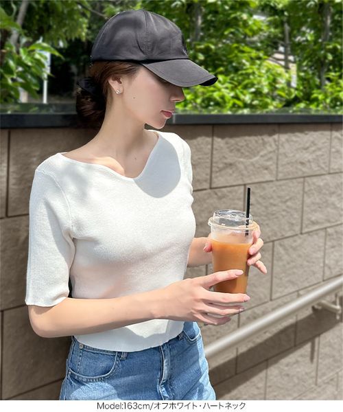 トップス yumiko 岡部あゆみさんコラボ ] 選べるネック5分袖ショート丈細リブニット