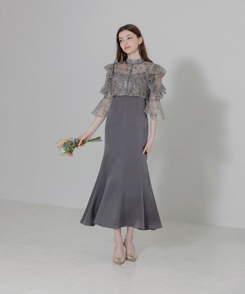 LEJA、花柄レースパフスリーブウエストリボンセットアップドレス レジャ Leja 花柄総レースパフスリーブウエストリボンキャミ