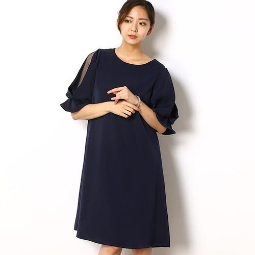 パフスリーブワンピース ウエストリボン タイト 食事会 結婚式 結婚式・パーティー・オケージョンドレス】オーガンジー