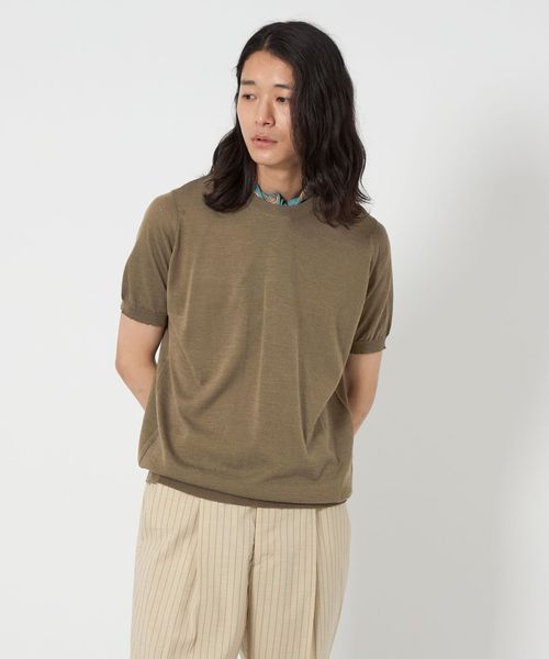 H＞バンプコットン ワイドクロップド クルーネックニット