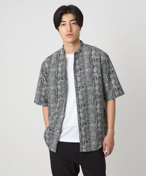【超お買い得！】 リネンライク バティック リラックス バンドカラーシャツ＜A DAY トップス