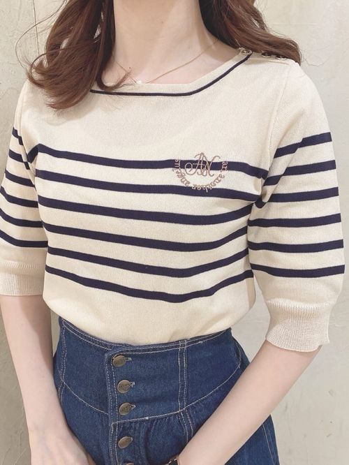 ロゴ刺繍ボーダーニットプルオーバー/an another angelus