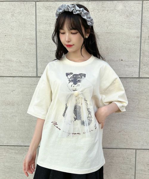 meg aikawa openshut フリルリボンロングTシャツ チュールリボン付きシュナウザープリントビッグTシャツ/F i.n.t