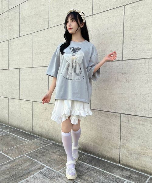 チュールリボン付きシュナウザープリントビッグTシャツ/F i.n.t
