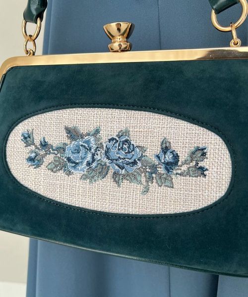 フレームローズ刺繍クロップドがま口バッグ/an another angelus 