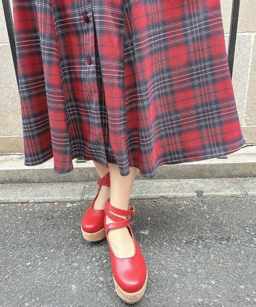 別珍ラペルペプラムチェックワンピース/an another angelus