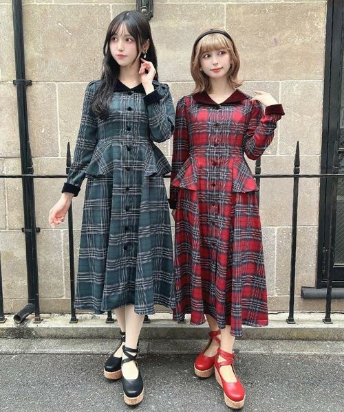 別珍ラペルペプラムチェックワンピース/an another angelus