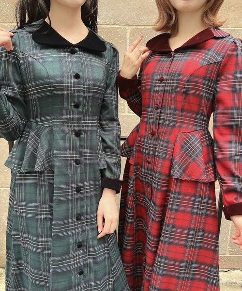 別珍ラペルペプラムチェックワンピース/an another angelus