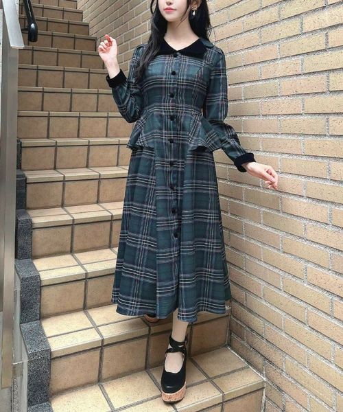 アンアナザーアンジェラス　別珍ラペルぺプラムチェックワンピース 別珍ラペルペプラムチェックワンピース/an another angelus
