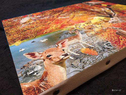 【激レア】uamouキャンバス原画作品　読書の秋！食欲の秋！ウアモウの秋！ 秋の湖畔02」アクリル画 額縁付 原画 キャンバス F4サイズ 風景