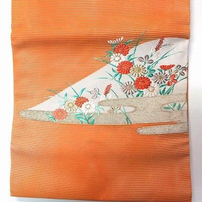 和装 化繊 名古屋帯 夏用 雛菊柄 橙 名古屋仕立て 【中古】 HK-0014-A