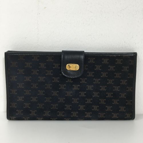 CELINE マカダム レザー 二つ折り財布 ネイビー セリーヌ 長財布 マカダム ヴィンテージ レザー スエード