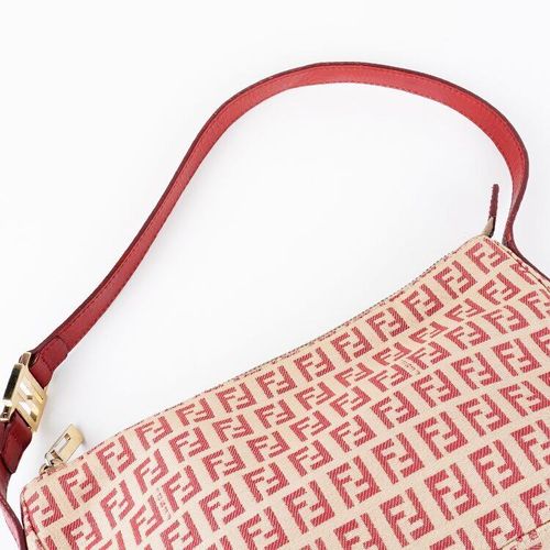 良品】FENDI ズッキーノ柄ハンドバッグ レッド×ベージュ ヴィンテージ