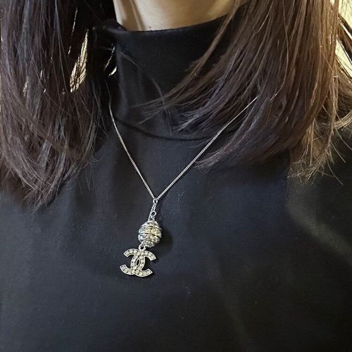 良品】CHANEL ココマークラインストーンネックレス08A シルバー 