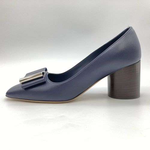 裏張り&ヒール交換済　フェラガモパンプス 21.5 ネイビー フェラガモ Ferragamo ダブル ボウ パンプス レザー LENA60 ネイビー