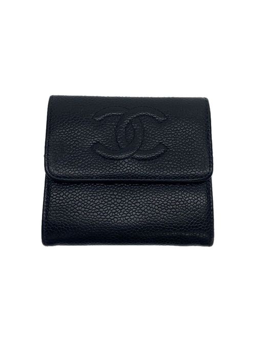CHANEL 折り財布 3つ折り財布 レザー BLK レディース 内側キズ・汚れ有