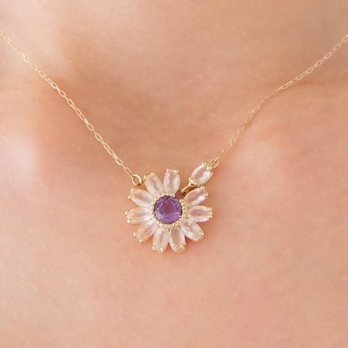 ガーベラ特殊カットアメジスト&ローズクォーツK18ネックレス