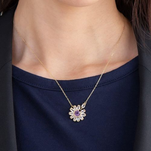 ガーベラ特殊カットアメジスト&ローズクォーツK18ネックレス