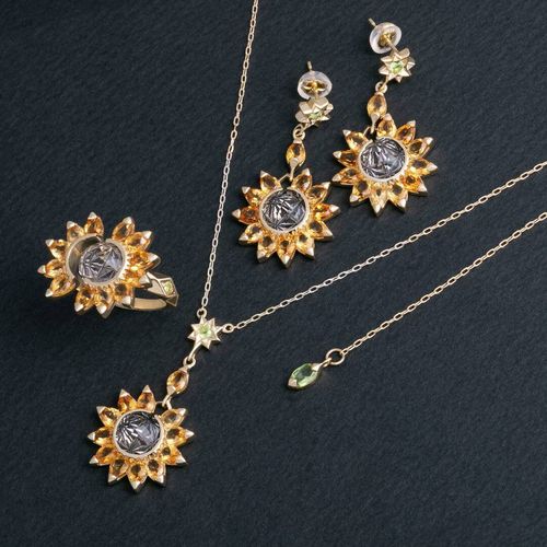 ひまわり甲州貴石切子スモーキークォーツ&シトリンK18リング指輪