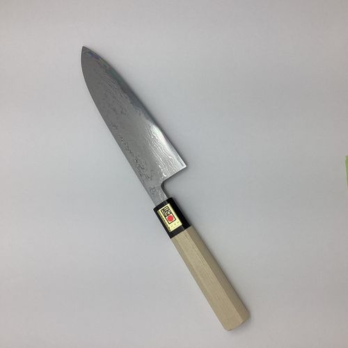 堺一文字吉國作 青二鋼ダマスカス鋼 文化包丁 6寸 水牛八角柄