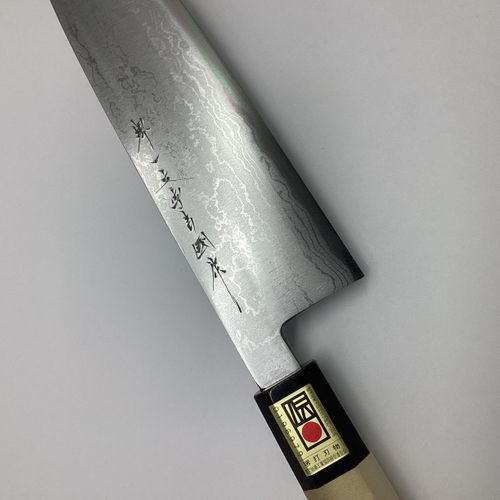 堺一文字吉國作 青二鋼ダマスカス鋼 文化包丁 6寸 水牛八角柄
