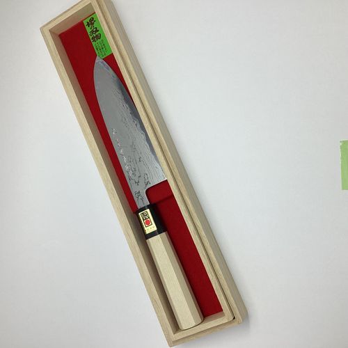 堺一文字吉國作 青二鋼ダマスカス鋼 文化包丁 6寸 水牛八角柄