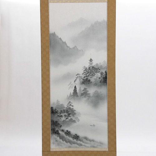 アウトレット品掛軸山水画尺五水墨山水(筆者：田尻一根) 高さ189cm