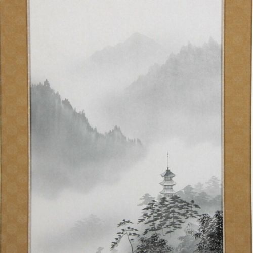 アウトレット品掛軸山水画尺五水墨山水(筆者：田尻一根) 高さ189cm
