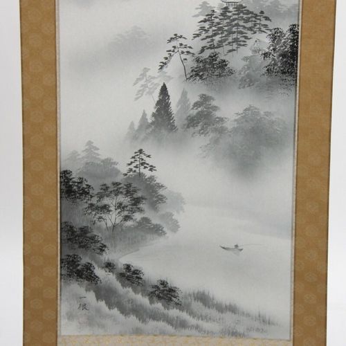 アウトレット品掛軸山水画尺五水墨山水(筆者：田尻一根) 高さ189cm