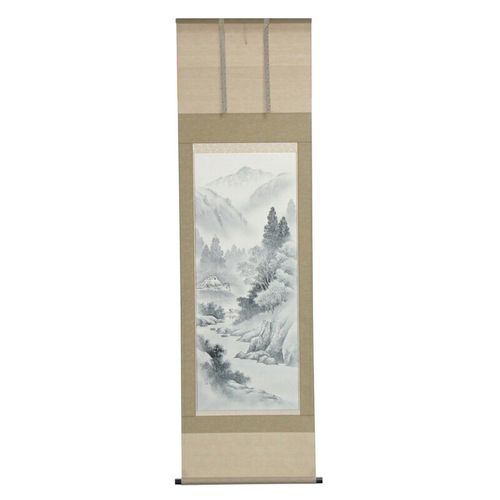 アウトレット品 掛軸山水画 尺五 水墨山水 (筆者：向井弘陽) 高