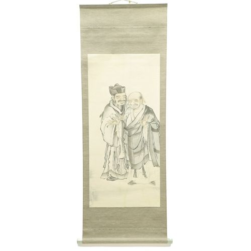 アウトレット品 掛軸 水墨画 高村光太郎 寒山拾得像 桐箱付 幅