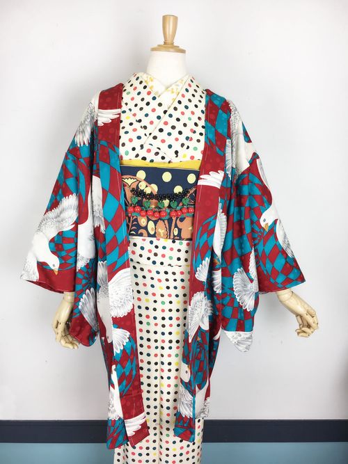 羽織】鳩柄ポリエステル羽織（赤×青緑） | 47storey - Buyee 通販購入