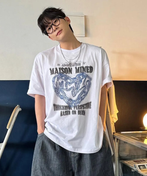 Tシャツ・カットソー [MAISON MINED] DOODLE HEART HALF T WHITE GREYISH BLUE MAISON MINED DOODLE HEART HALF T Shirt | dealko - Buyee, an
