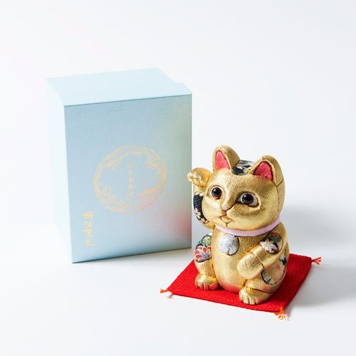 江戸木目込人形 招き猫 金 座布団付 化粧箱入り かわいい 置物