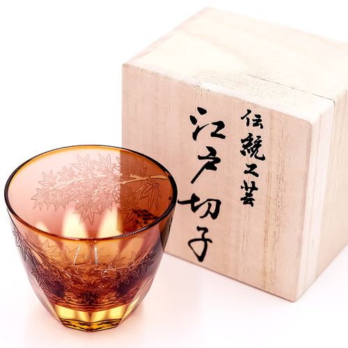 江戸切子グラス砂切子ぐい呑み紅葉オレンジ×金赤/ Edo Kiriko Glass