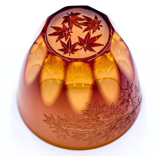 江戸切子 グラス 砂切子 ぐい呑み 紅葉 オレンジ×金赤 / Edo Kiriko