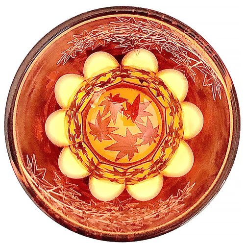 江戸切子グラス砂切子ぐい呑み紅葉オレンジ×金赤/ Edo Kiriko Glass