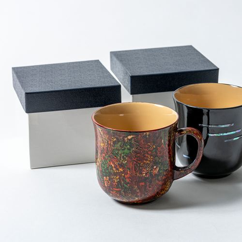 江戸漆器 本漆塗りマグカップ 黒螺鈿 白螺鈿 色漆研ぎ出し / Edo